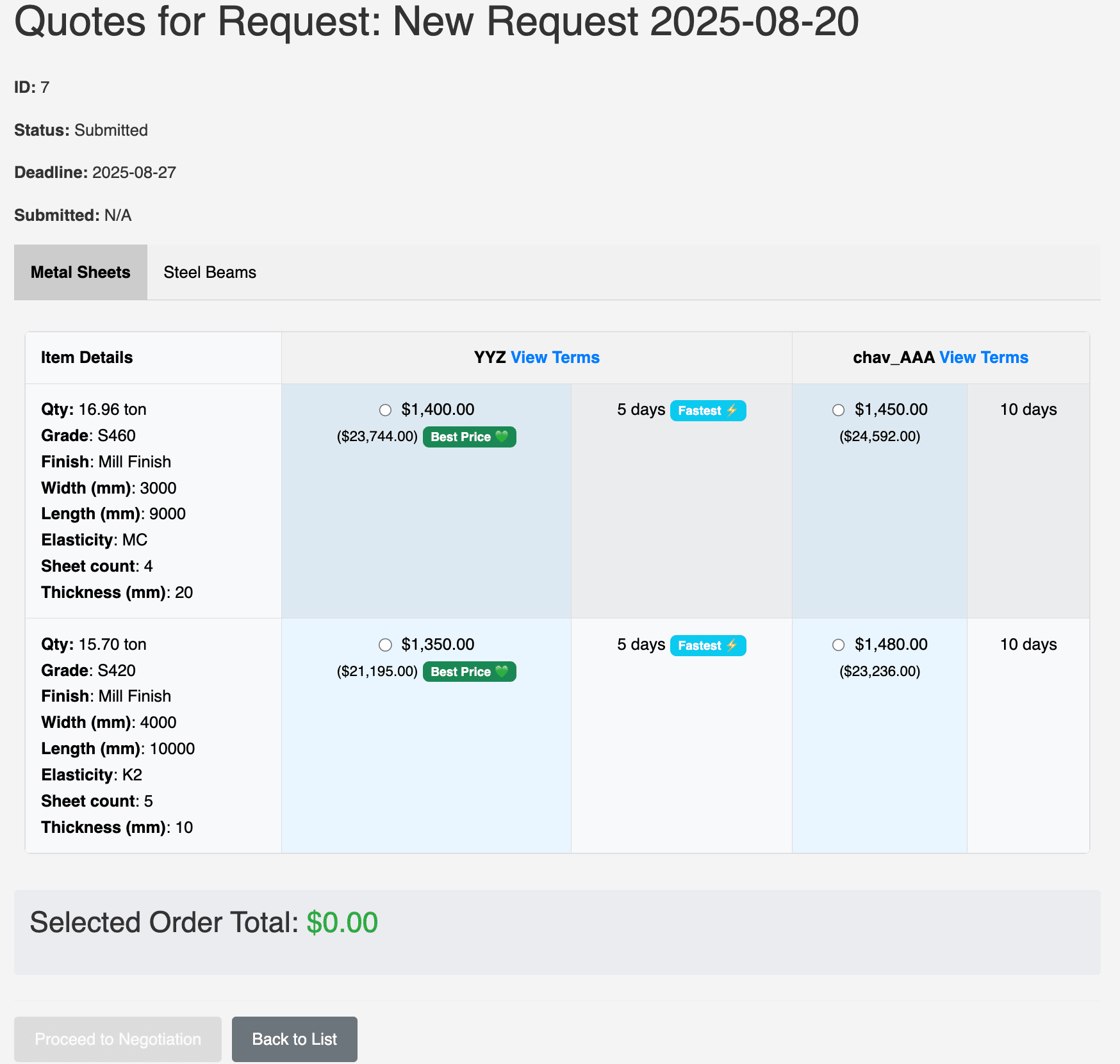 Compare Quotes UI