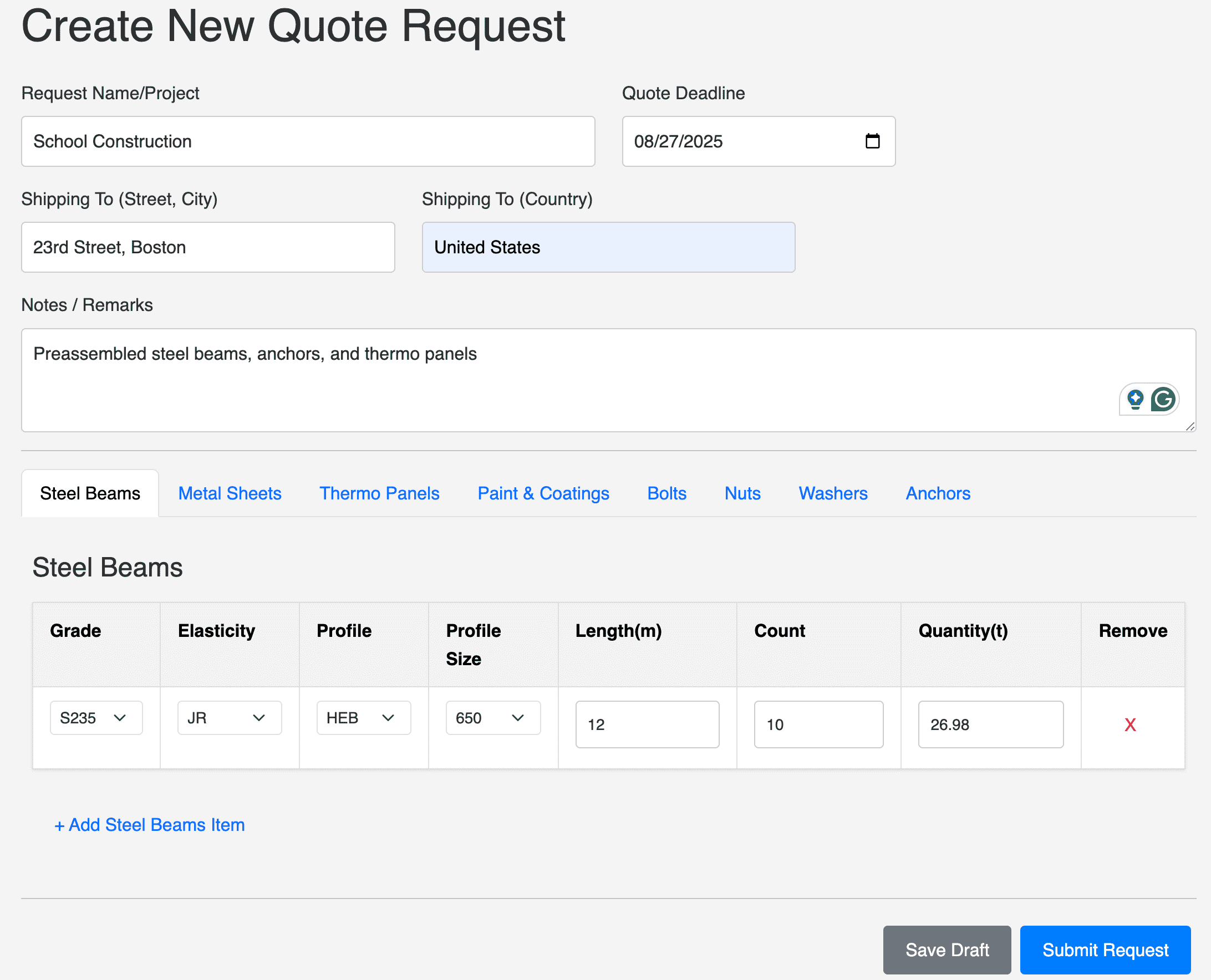Create Request Form